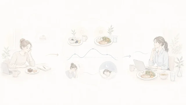 午後に甘いものへ流れやすい流れと、朝昼の食事配分・睡眠の影響を整理したミニマルなイメージ図