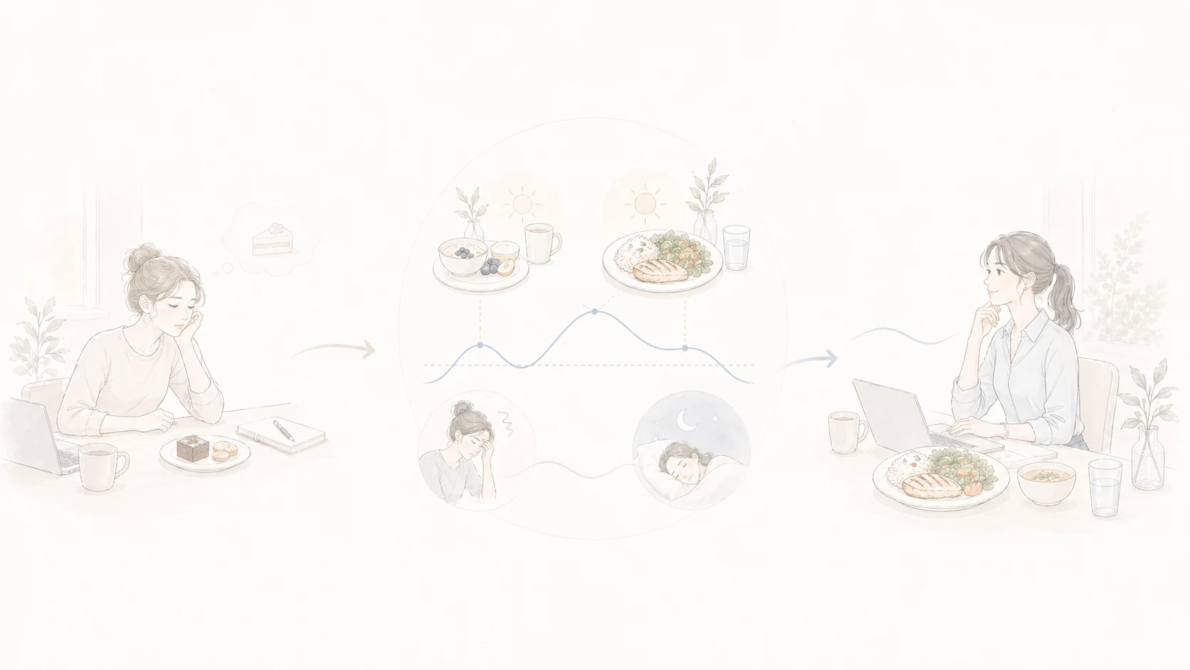 午後に甘いものへ流れやすい流れと、朝昼の食事配分・睡眠の影響を整理したミニマルなイメージ図