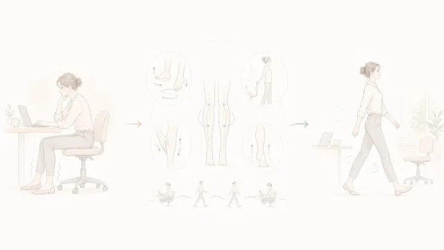 デスクワーク後の脚のむくみと、座り時間・小さな脚の動き・休憩を整理したミニマルなイメージ図