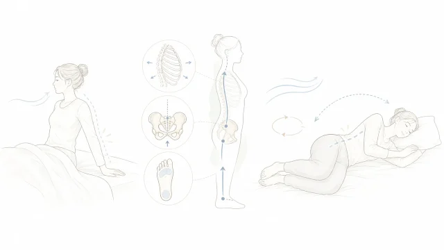 朝起きた直後に腰の重さを確認しながら呼吸と寝返りを整える人
