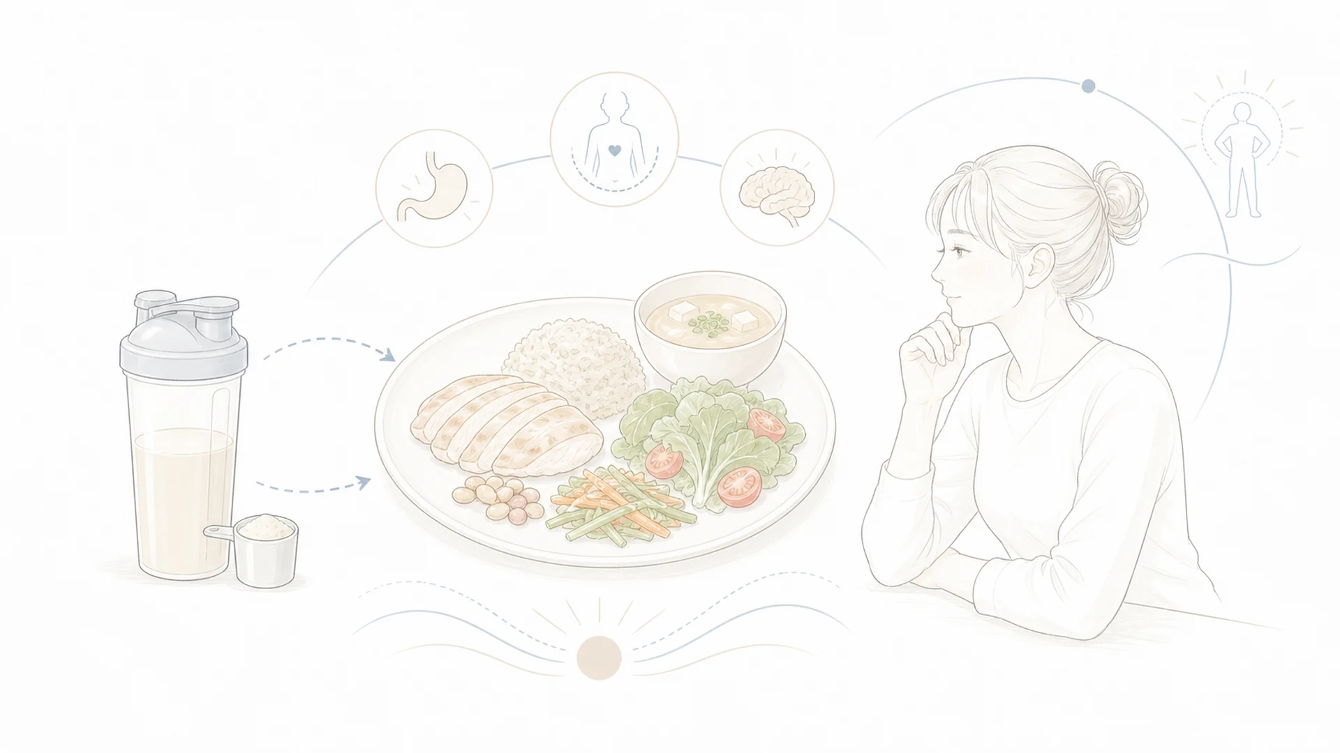 プロテインと食事内容を並べて満足感の違いを確認する人