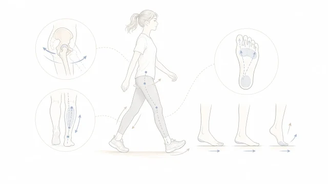 歩行中にふくらはぎへ疲れが偏る足元を確認する人