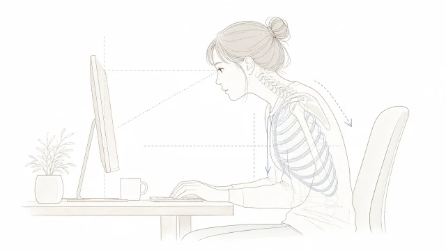 デスクワーク中に首が前へ出る姿勢を画面位置から確認する人