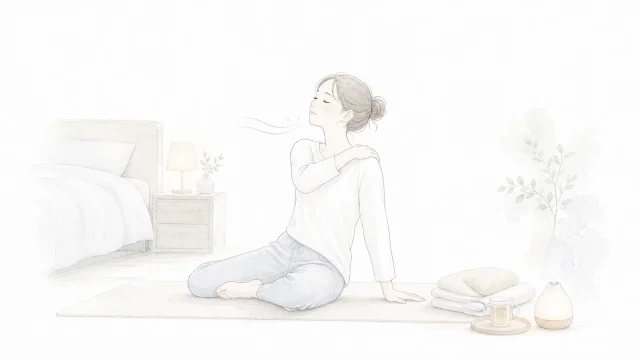 寝る前のストレッチで眠りにくい時を淡い手描きイラストで表したアイキャッチ