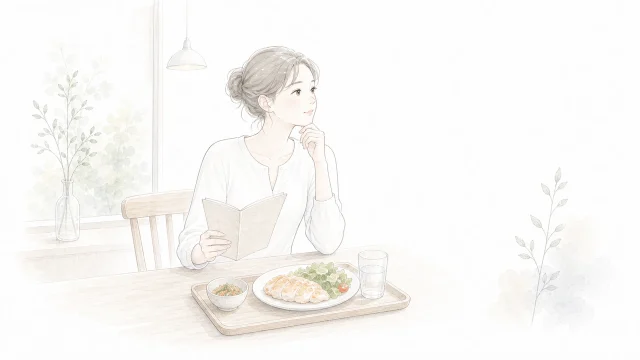 外食でたんぱく質が足りない時を淡い手描きイラストで表したアイキャッチ