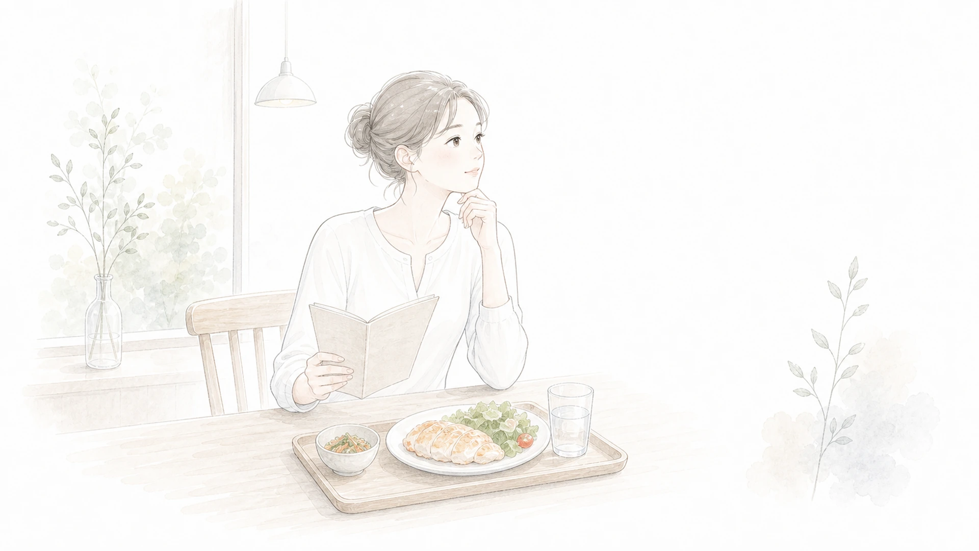 外食でたんぱく質が足りない時を淡い手描きイラストで表したアイキャッチ