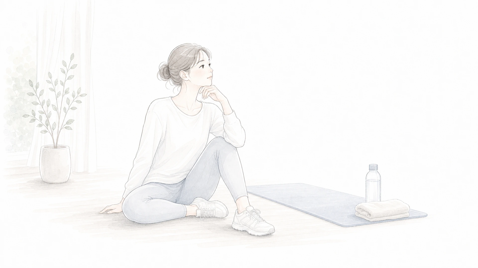 筋肉痛が残る日に同じ部位をやるか迷う時を淡い手描きイラストで表したアイキャッチ