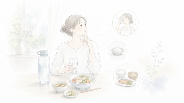 水を飲んでも喉が渇きやすい時を淡い手描きイラストで表したアイキャッチ