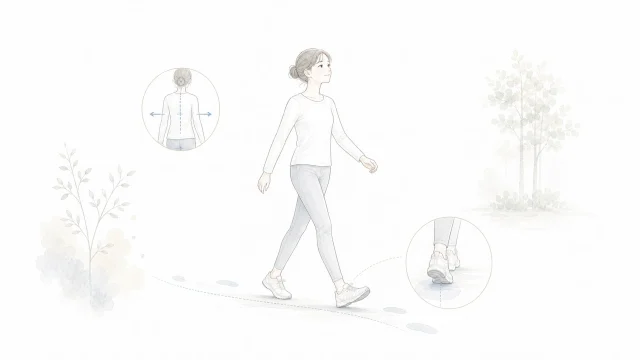 歩くと上半身が左右に揺れる時を淡い手描きイラストで表したアイキャッチ