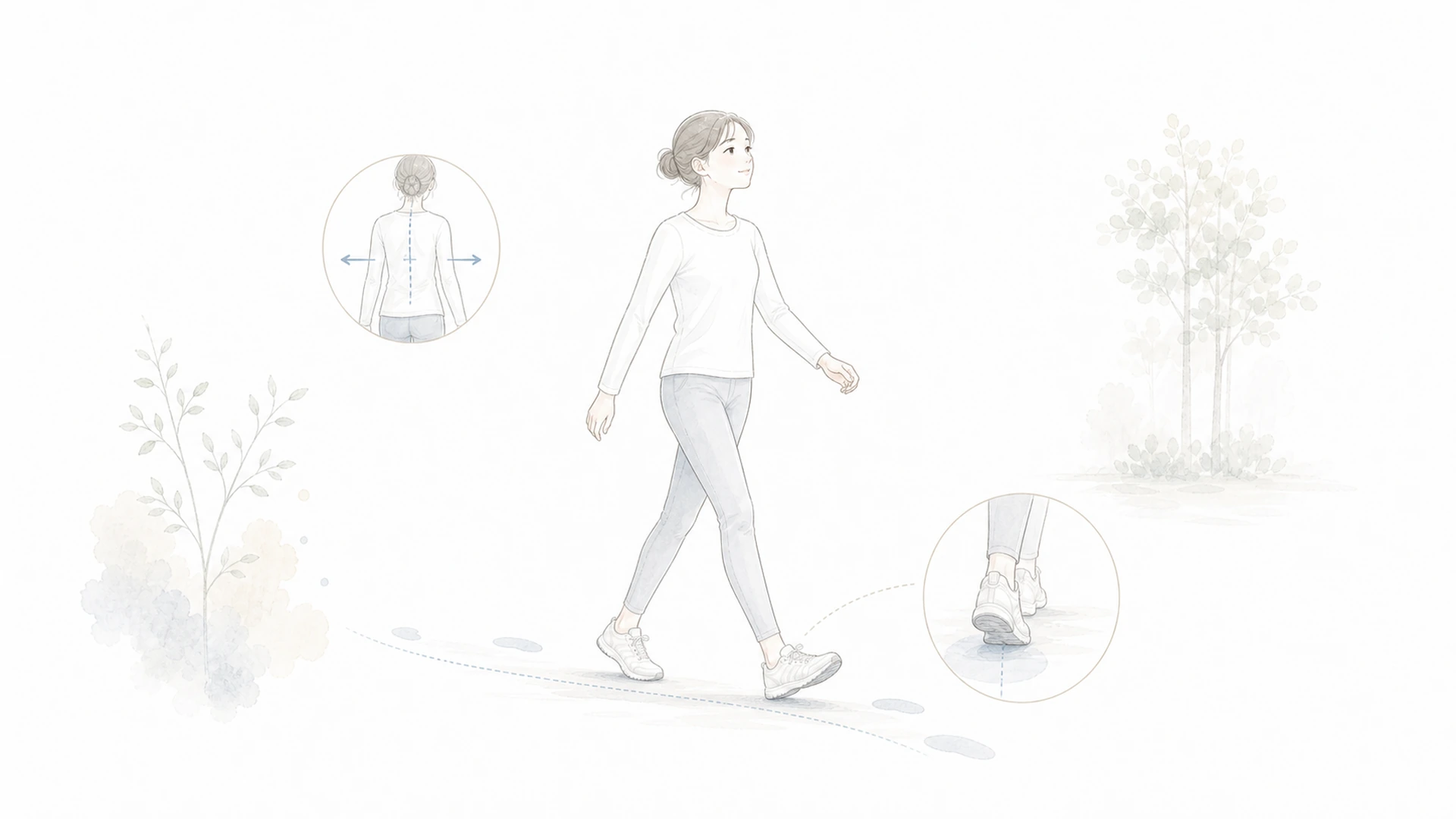 歩くと上半身が左右に揺れる時を淡い手描きイラストで表したアイキャッチ