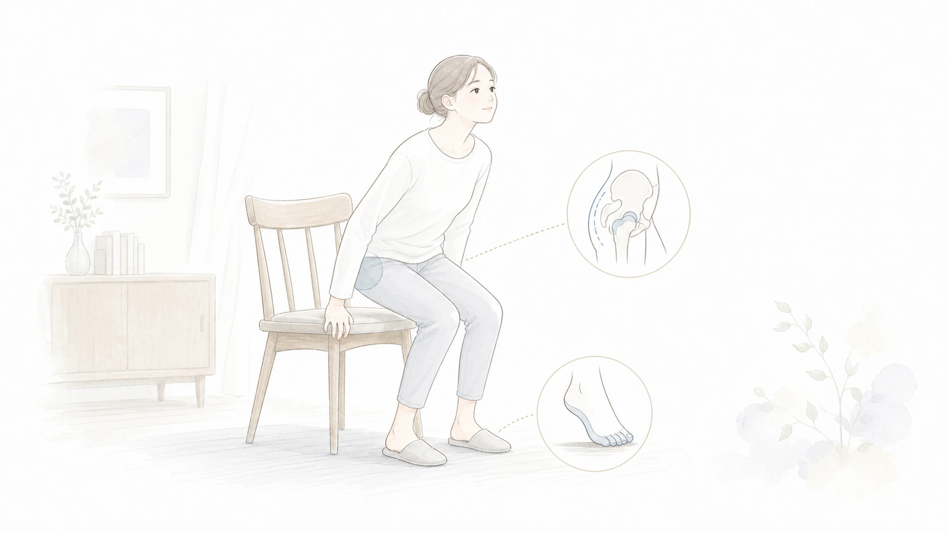 椅子から立つ時に腰が重いならを淡い手描きイラストで表したアイキャッチ