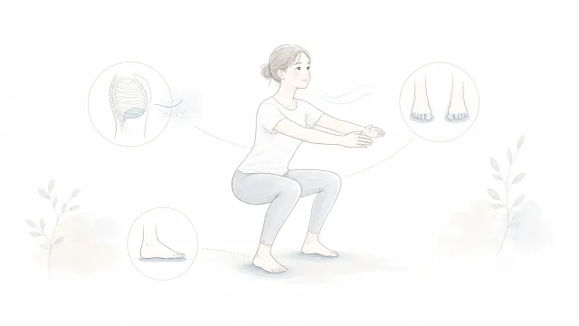 スクワットのしゃがみ始めが安定しない時を淡い手描きイラストで表したアイキャッチ