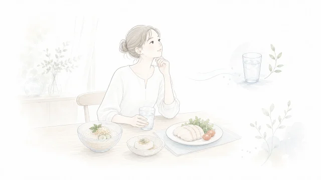 暑くて食欲が落ちる日の食事を淡い手描きイラストで表したアイキャッチ