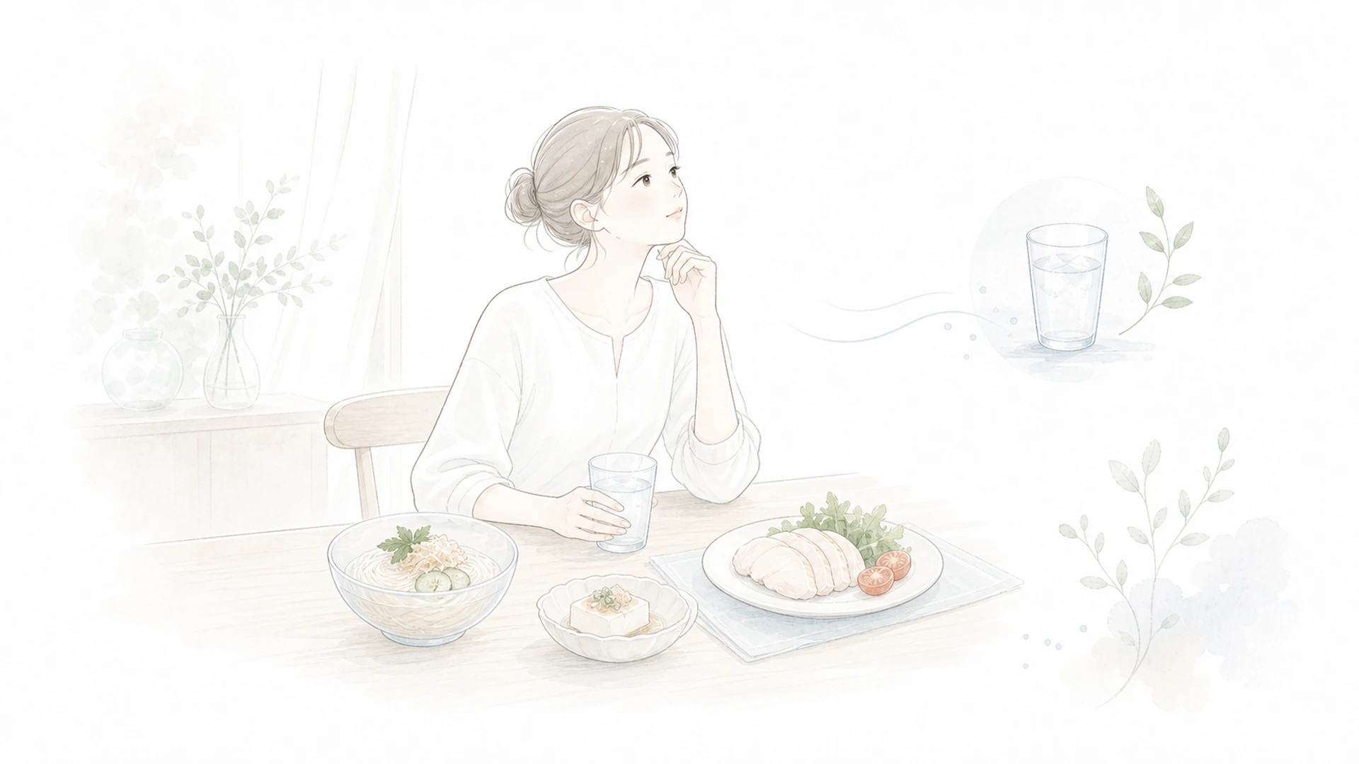 暑くて食欲が落ちる日の食事を淡い手描きイラストで表したアイキャッチ