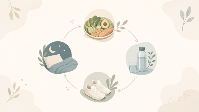 食事、睡眠、活動量、水分補給のつながりを円環で表したミニマルイラスト